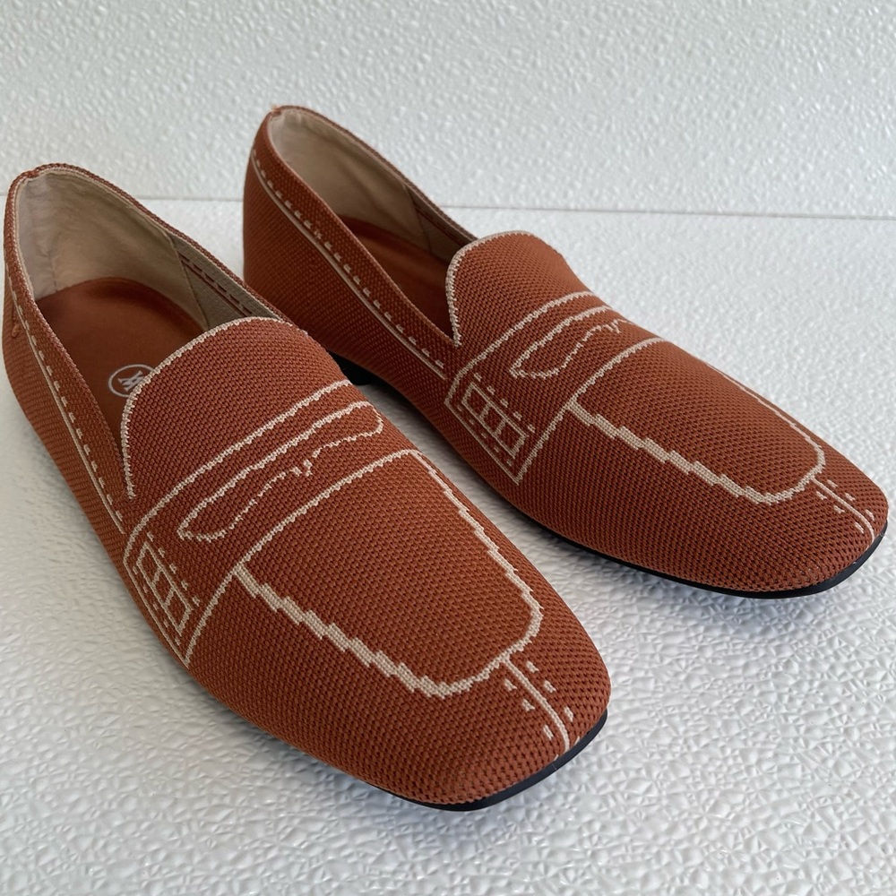 Women's Knit Penny Loafers in Rust with Contrast Stitching